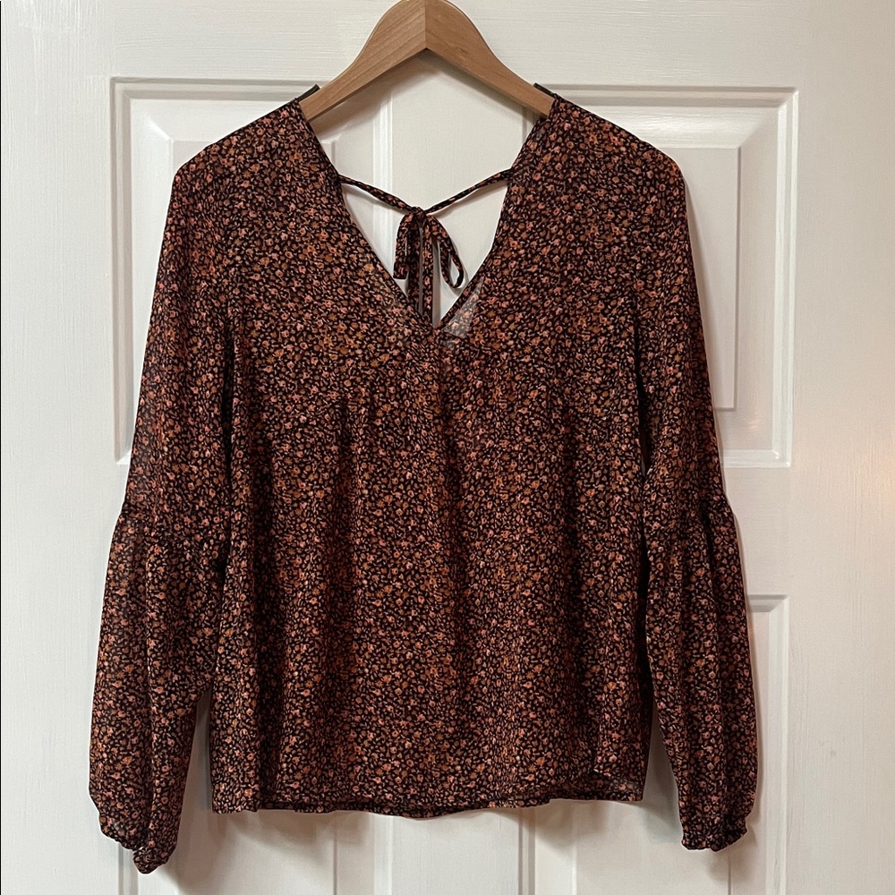 Mossimo Sheer Floral Print V-Neck Blouse with Tie Back Detail